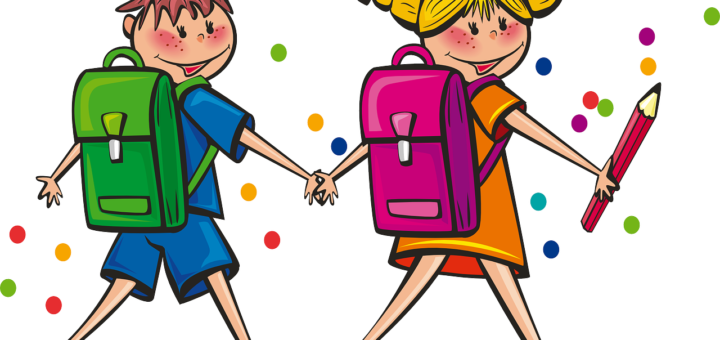 animacja przedstawiająca chłopca i dziewczynkę z plecakami